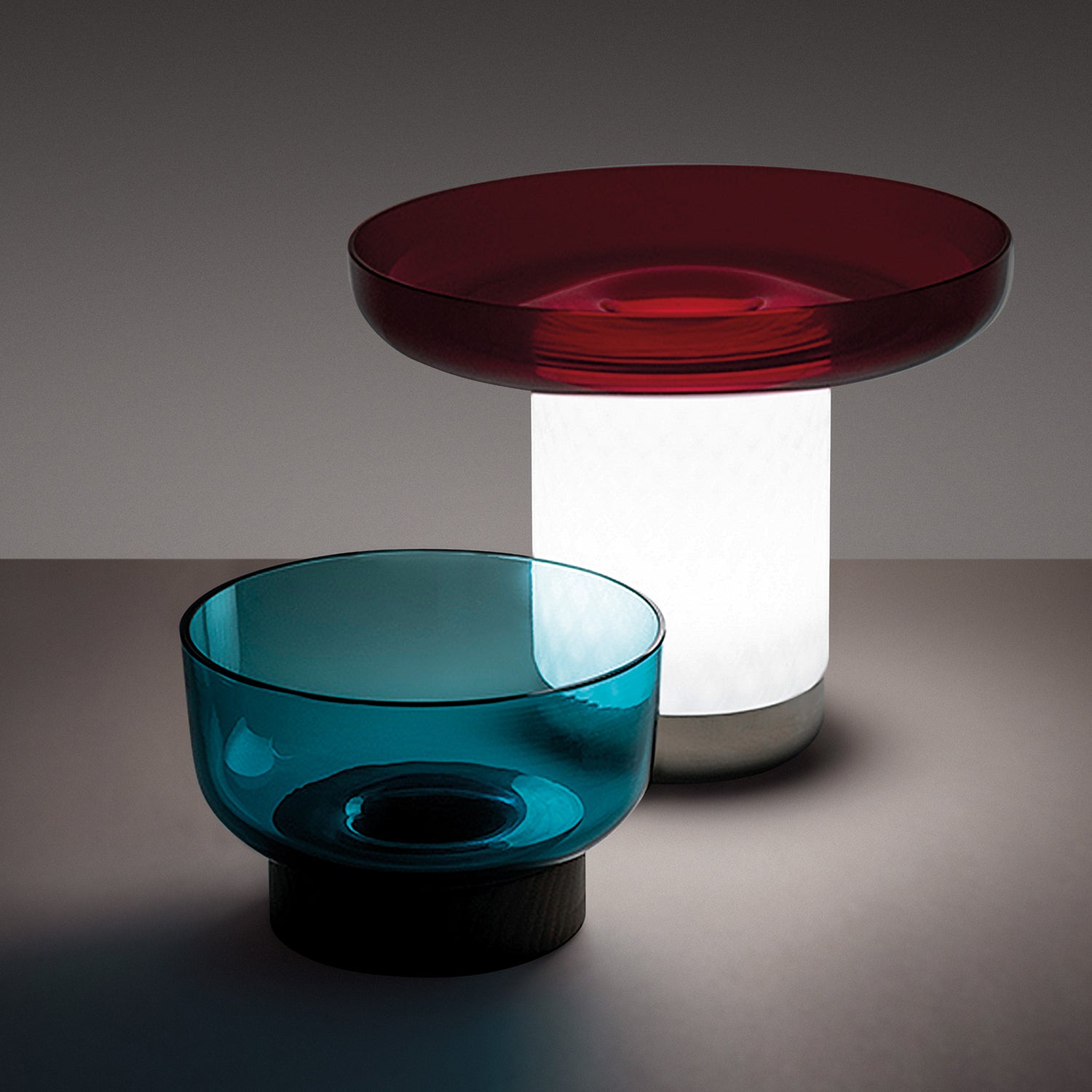 Artemide Bonta Portable Lamp & Bowl showing turquoise and red 