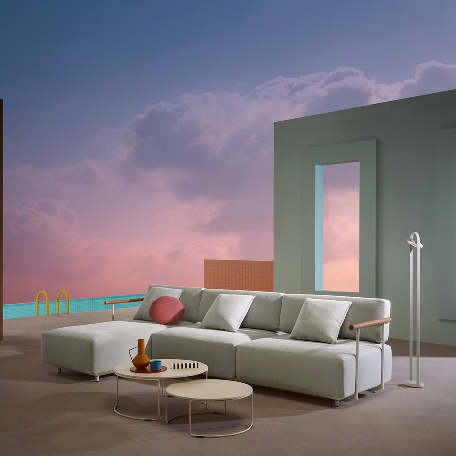 Pedrali Giravolta 130 outdoor floor lamp in beige with arki sofa ambience image