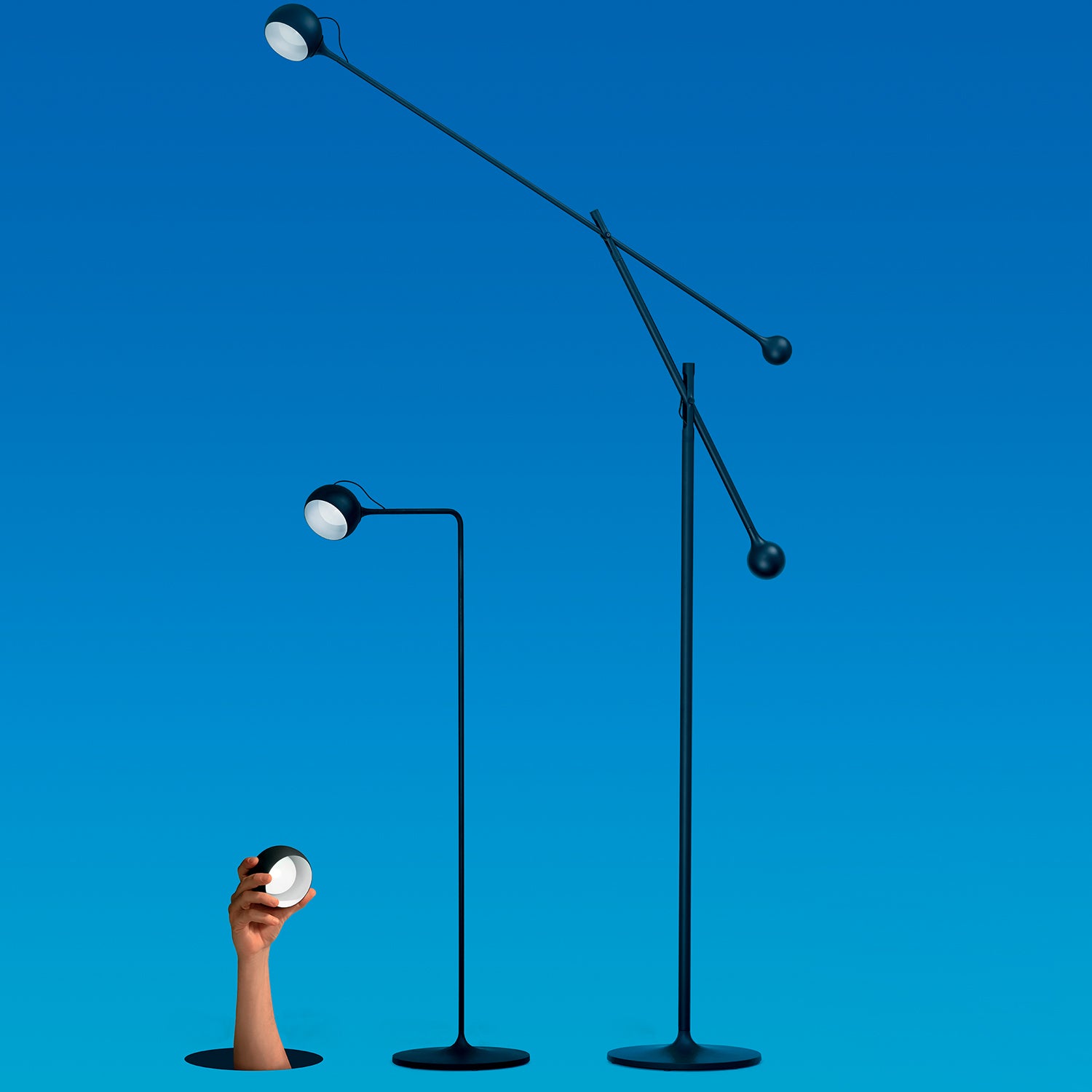 Artemide IXA floor lamp and IXA reading light in blue background