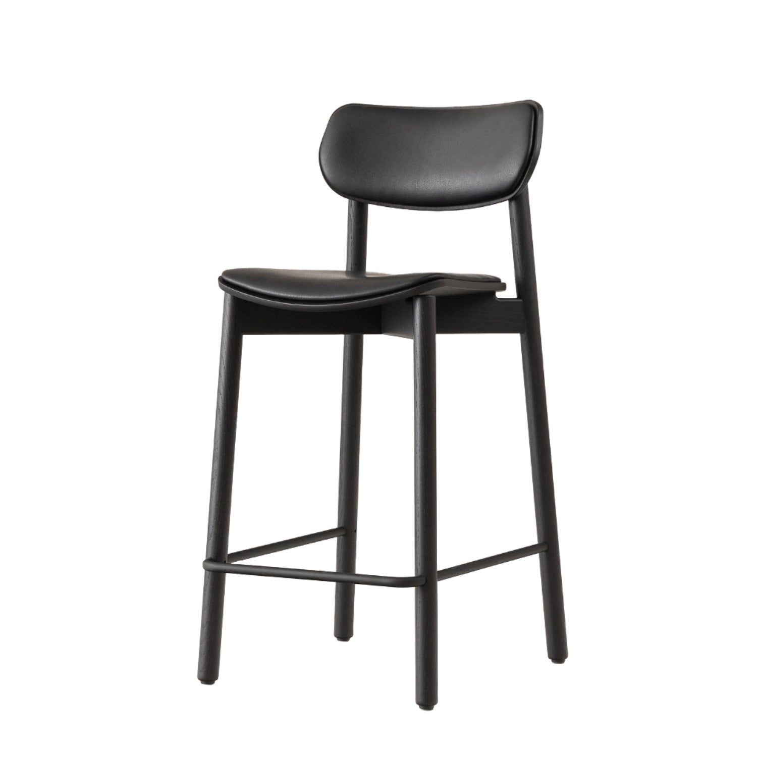 John Green fully upholstered stool in black oak and black leather