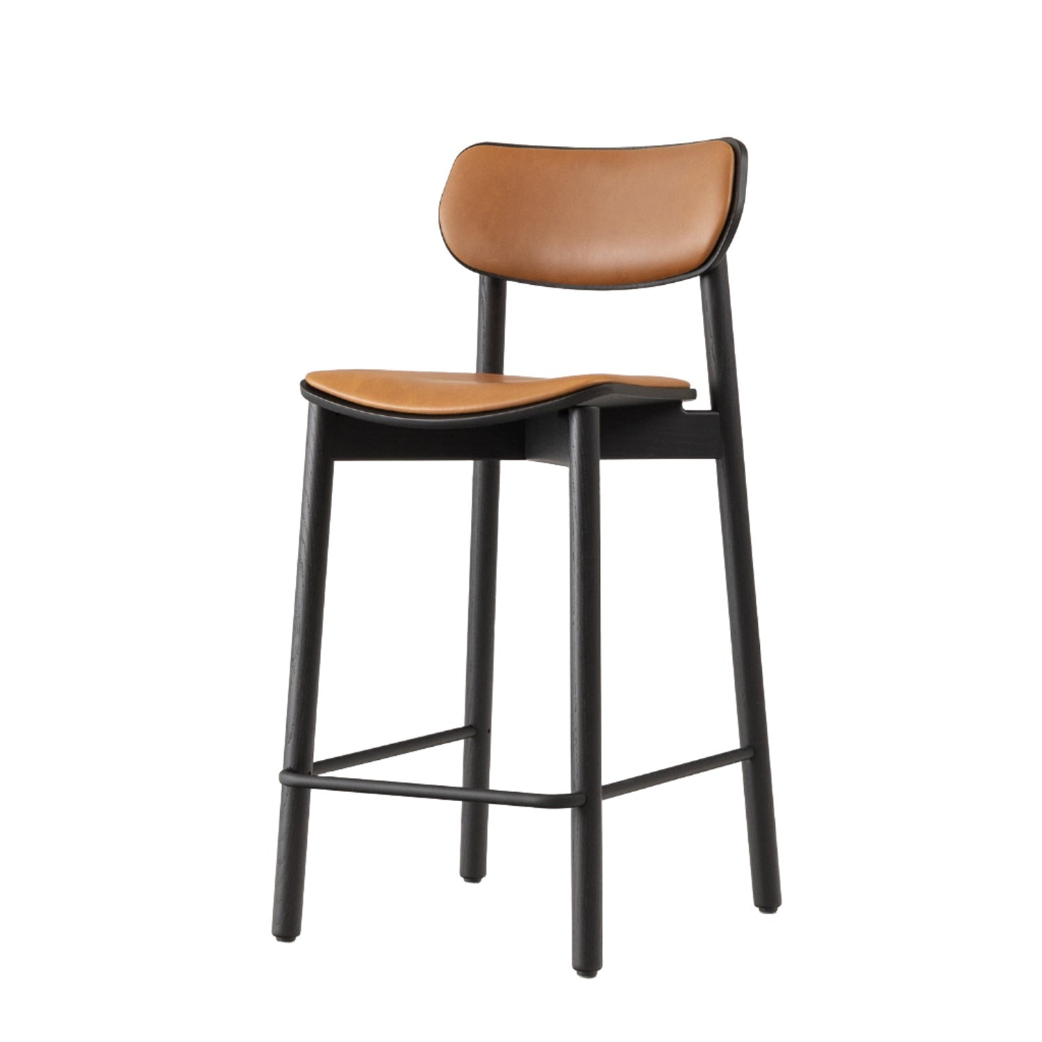 John Green fully upholstered stool in black oak and tan leather