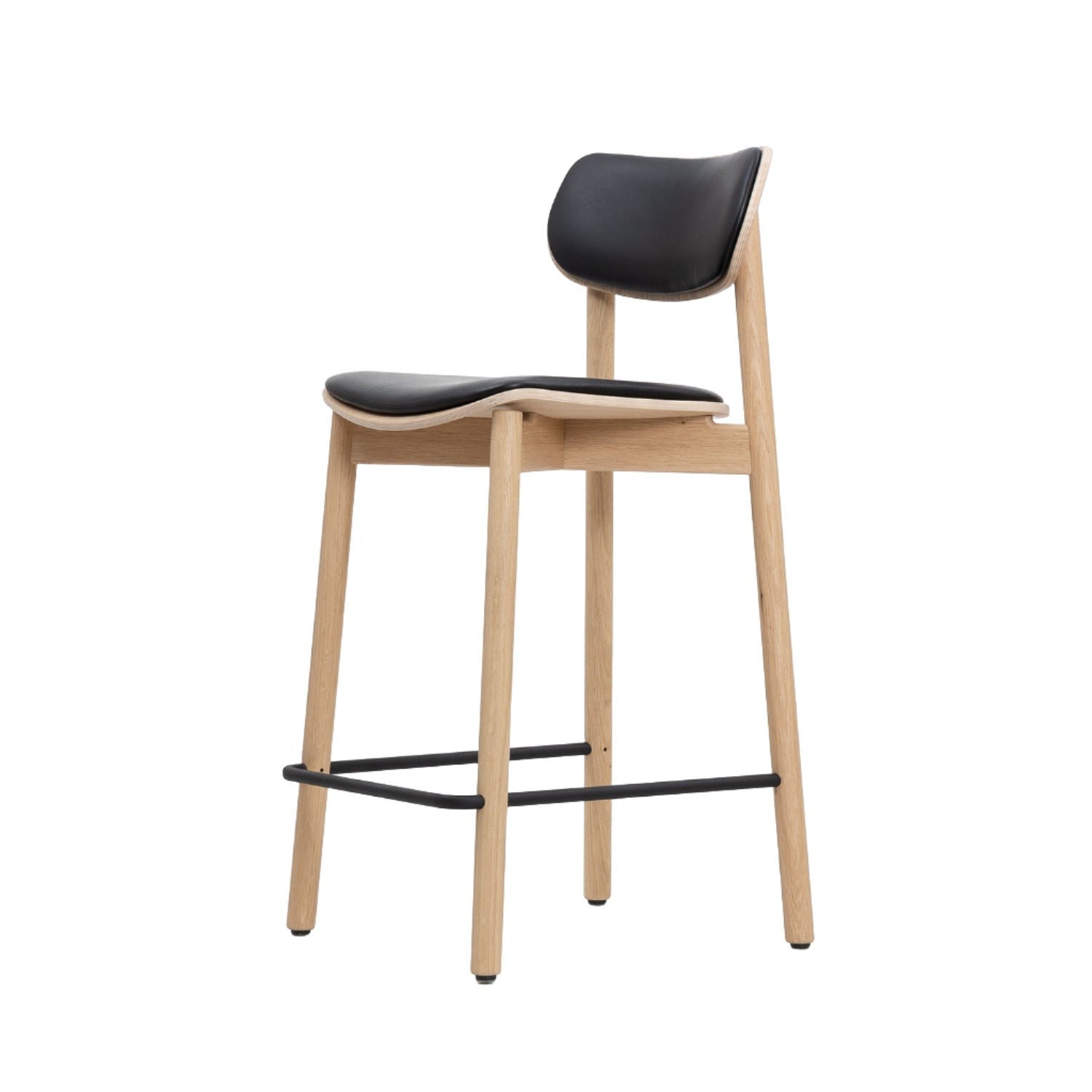 John Green fully upholstered stool in oak and black leather