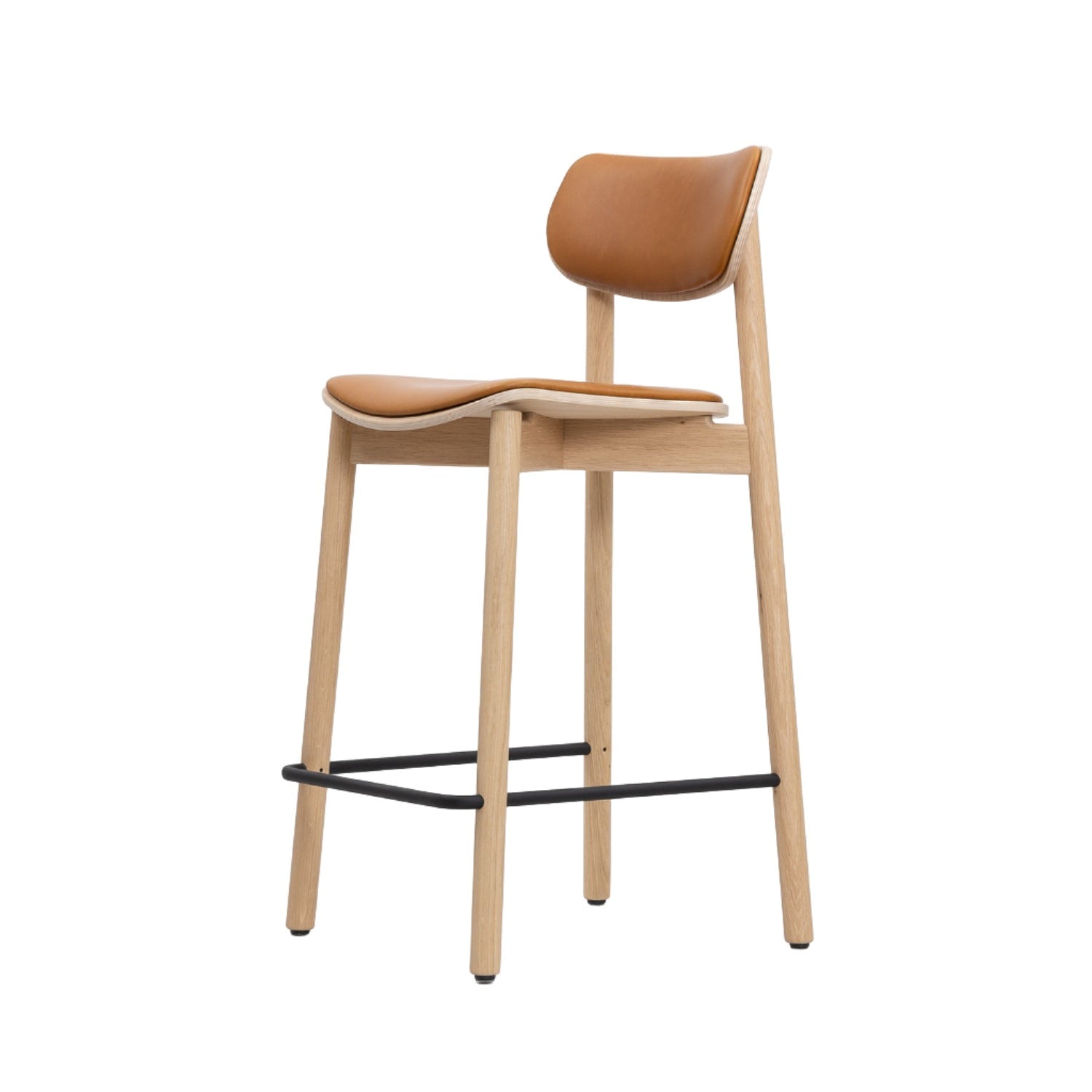 John Green fully upholstered stool in oak and tan leather