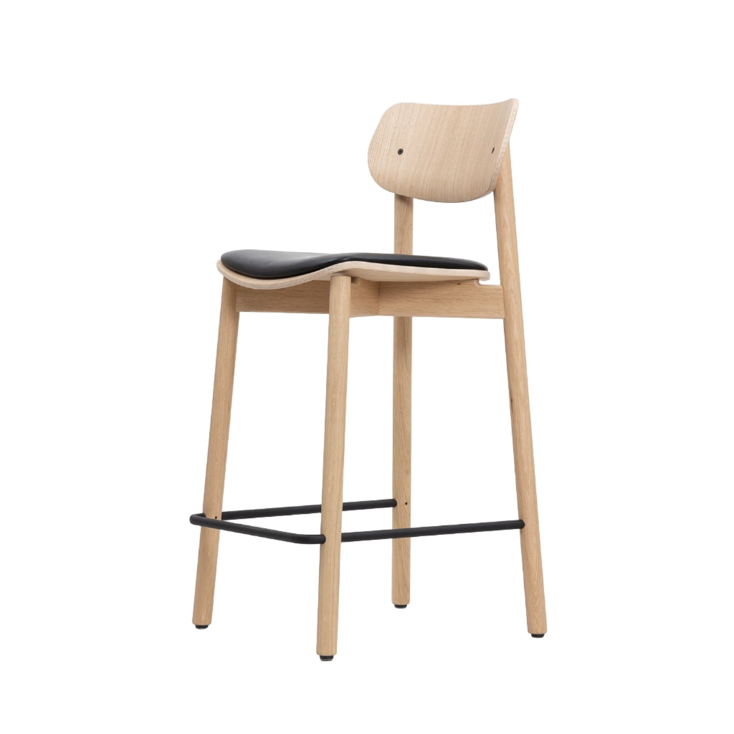 John Green seat upholstered stool in oak and black leather