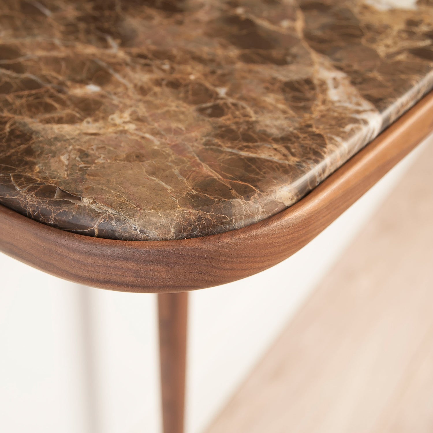 Nomon Consola console table in walnut with emperador top detail shot