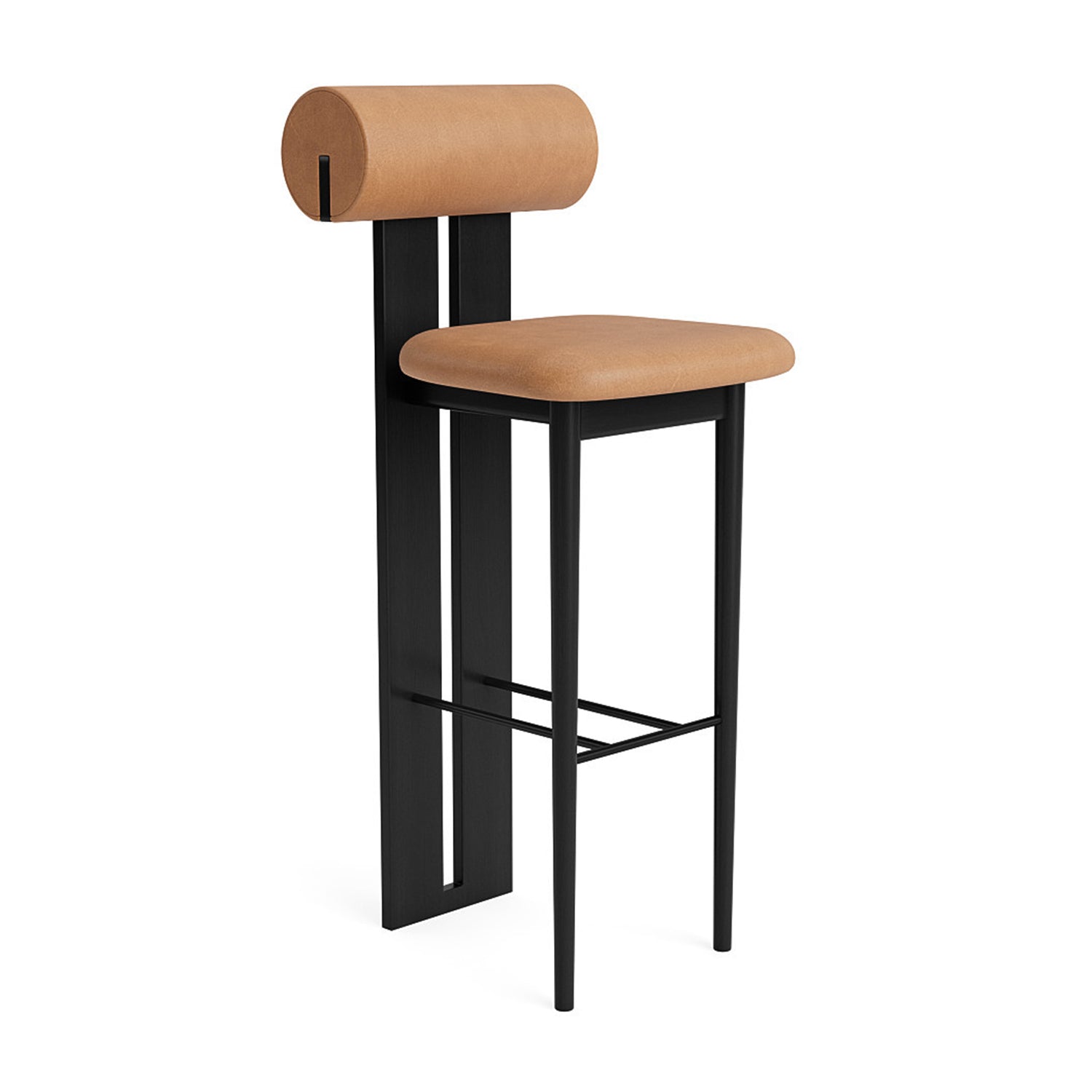 Hippo Bar Chair 75 in black oak and camel leather