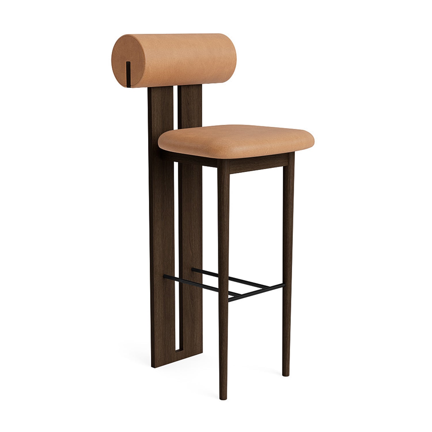 Hippo Bar Chair 75 in dark smoked oak and camel leather