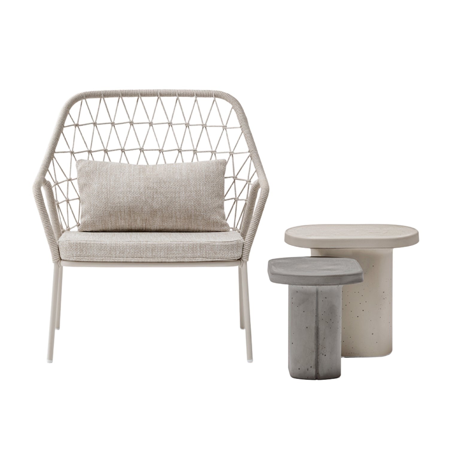 Pedrali Panarea 3679 outdoor lounge chair in white front view with 2 concrete caementum on the right