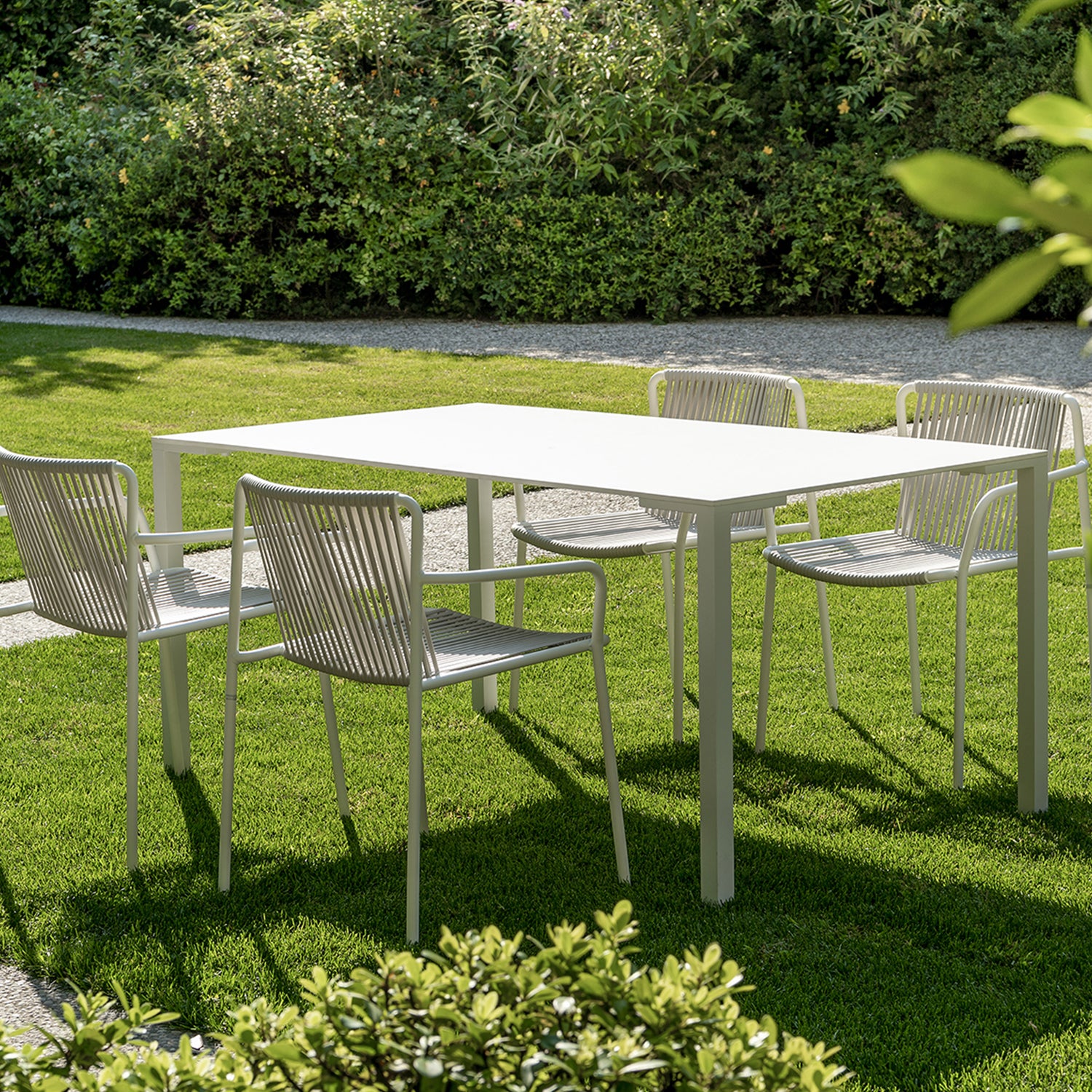 Pedrali Tribeca 3665 Outdoor Dining Armchair in white with matching table