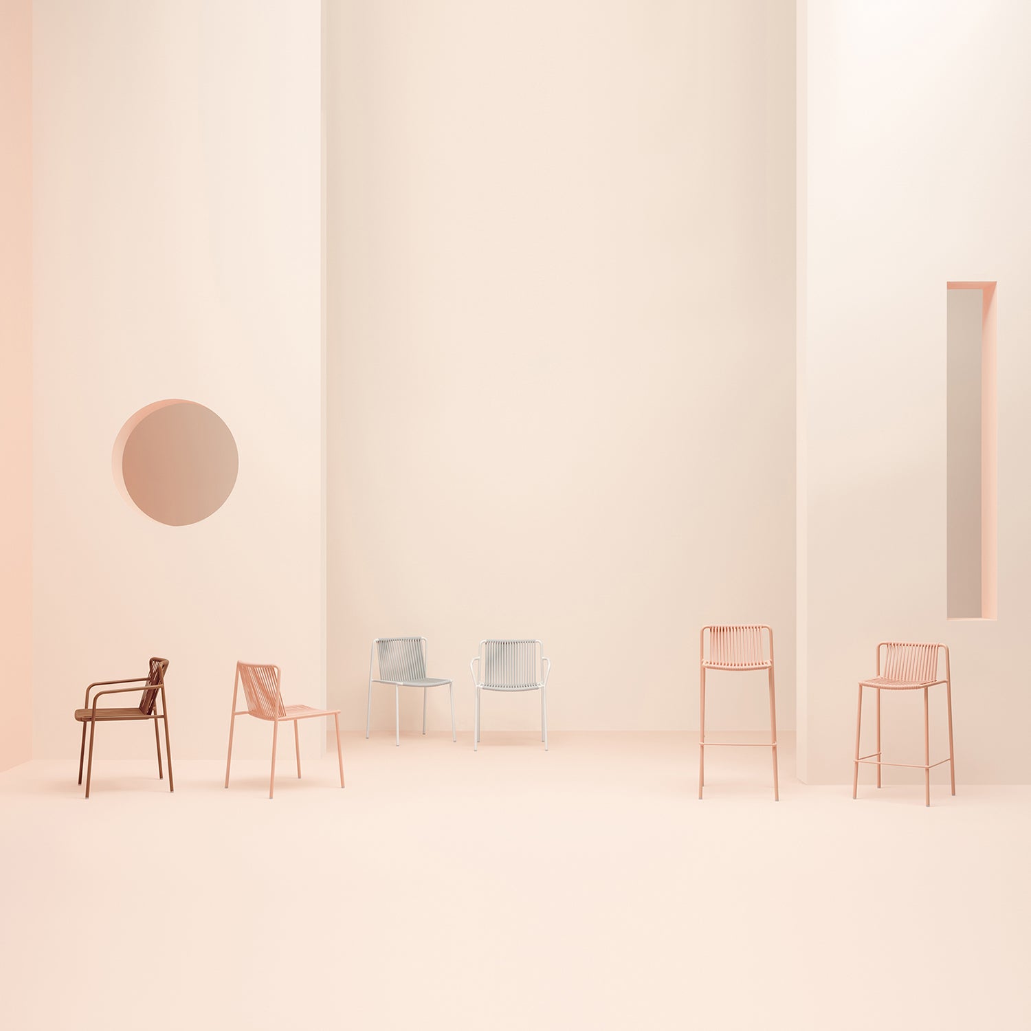 Pedrali Tribeca 3660 Outdoor Dining Chair in pink with other chairs in varying colours from the same family