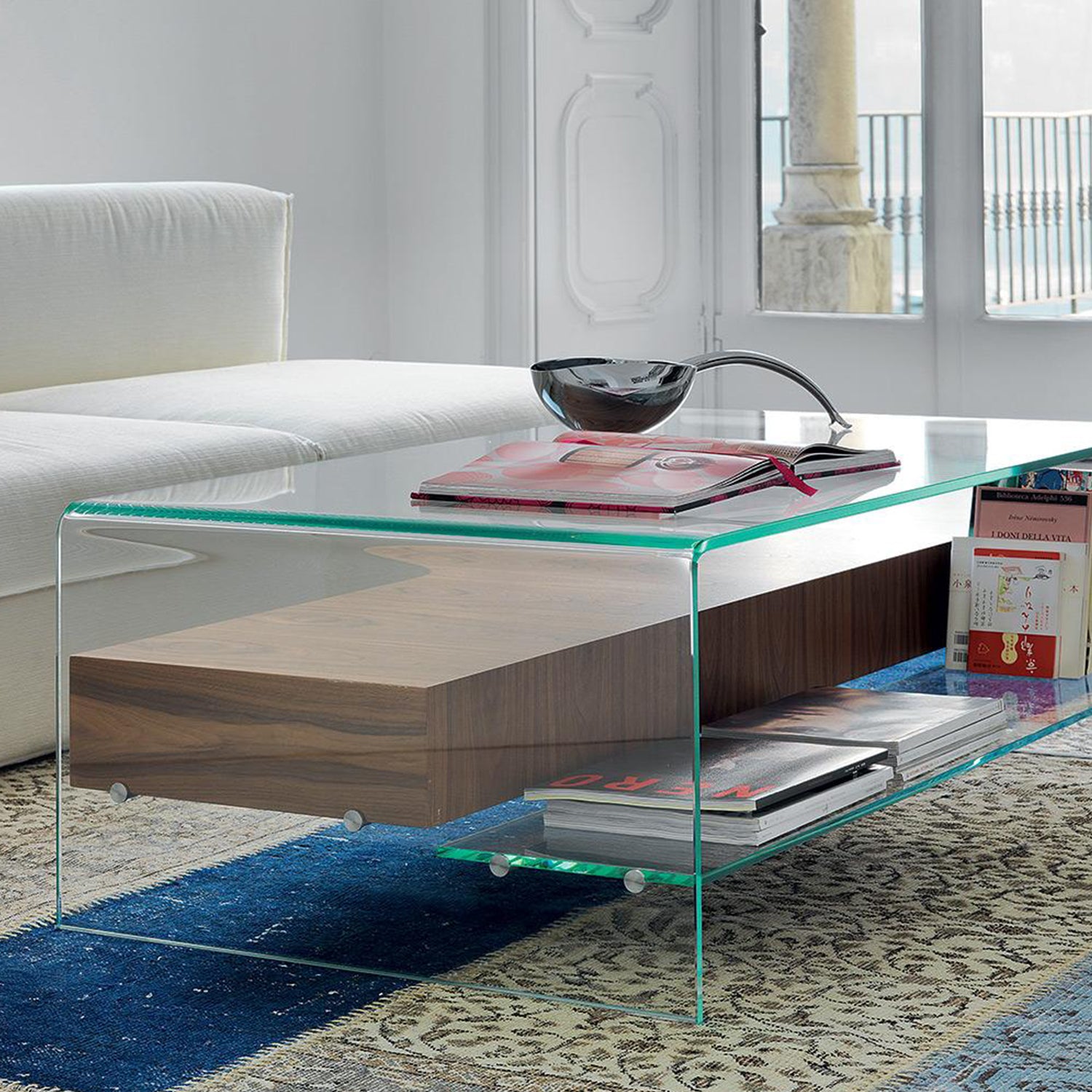 Sovet Italia Bridge coffee table with walnut drawer and shelf ambience image