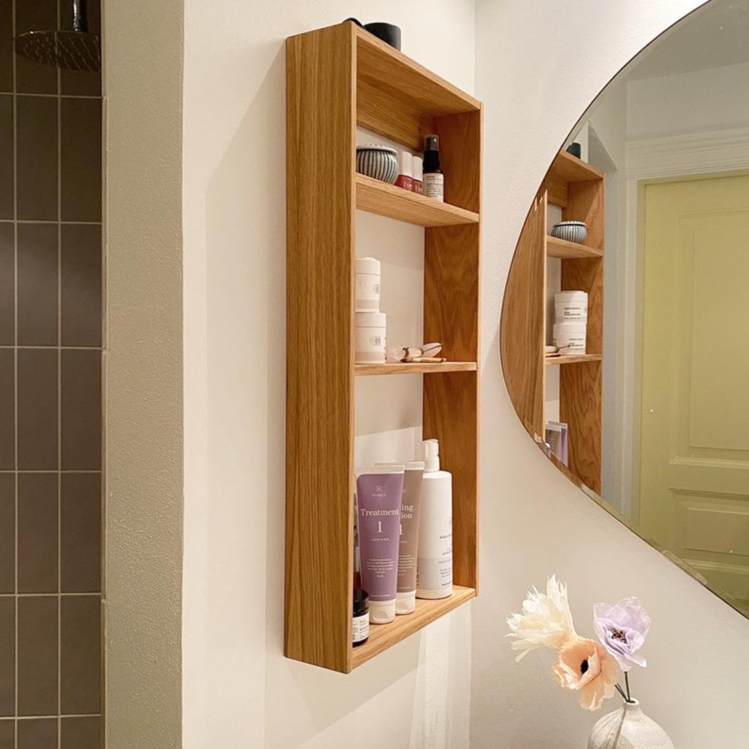 We Do Wood Threesquare wall mounted shelving unit in oak ambience image